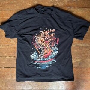 Black and red graphic tee with a bold dragon design